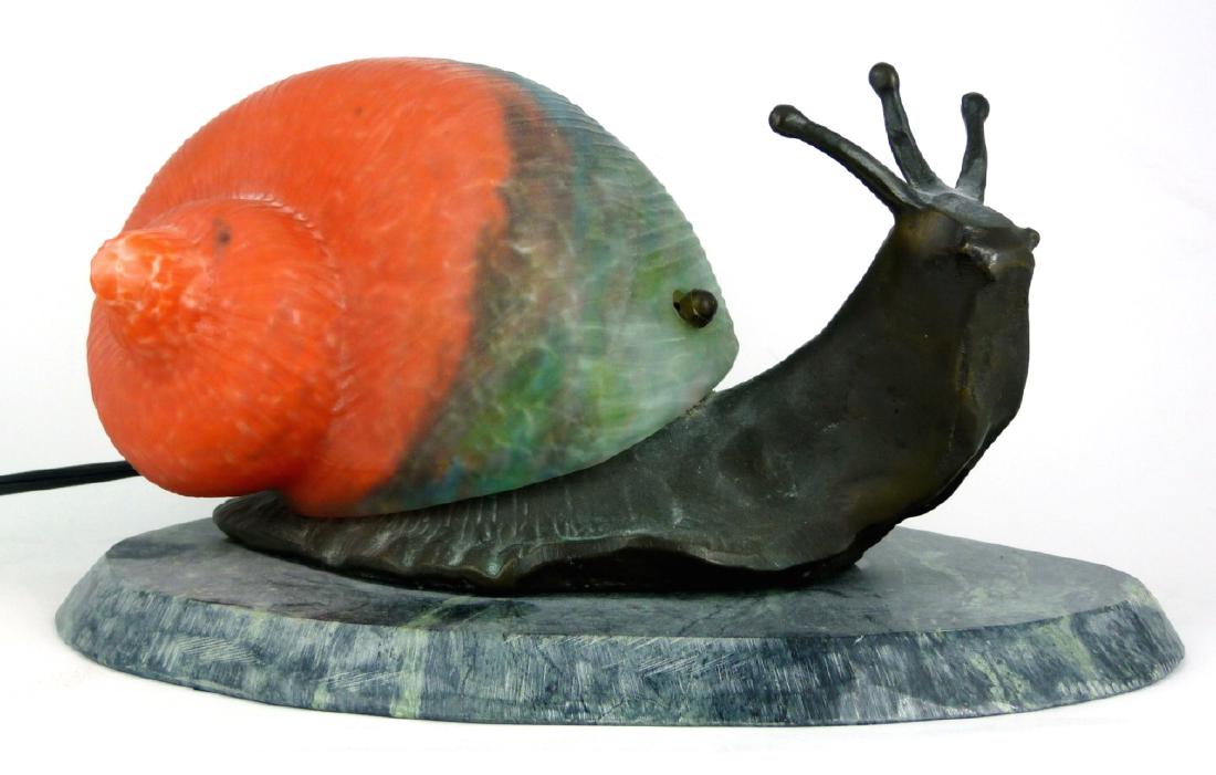 SNAIL LAMP w ART GLASS SHELL-FORM SHADE: Bronzed snail with Daum style art glass shell mounted on a marble base. Measures 11" (28cm) length.