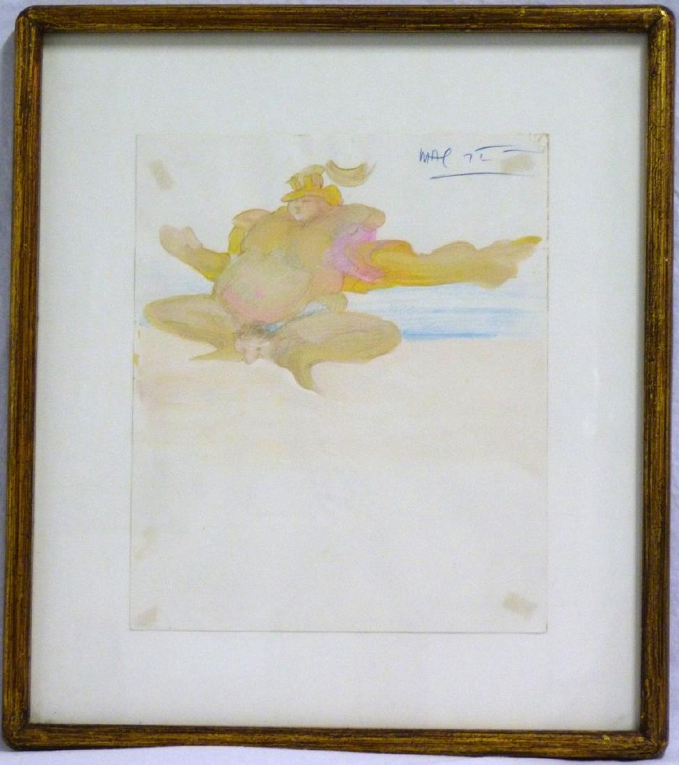 PETER MAX ORIGINAL PAINTING ON PAPER: Peter Max (American, b. 1937) original mixed media painting on paper depicting a nude figure on a beach. Appears to have acrylic, pastel and crayon elements. Signed upper right and dated 1972 (?). Mea