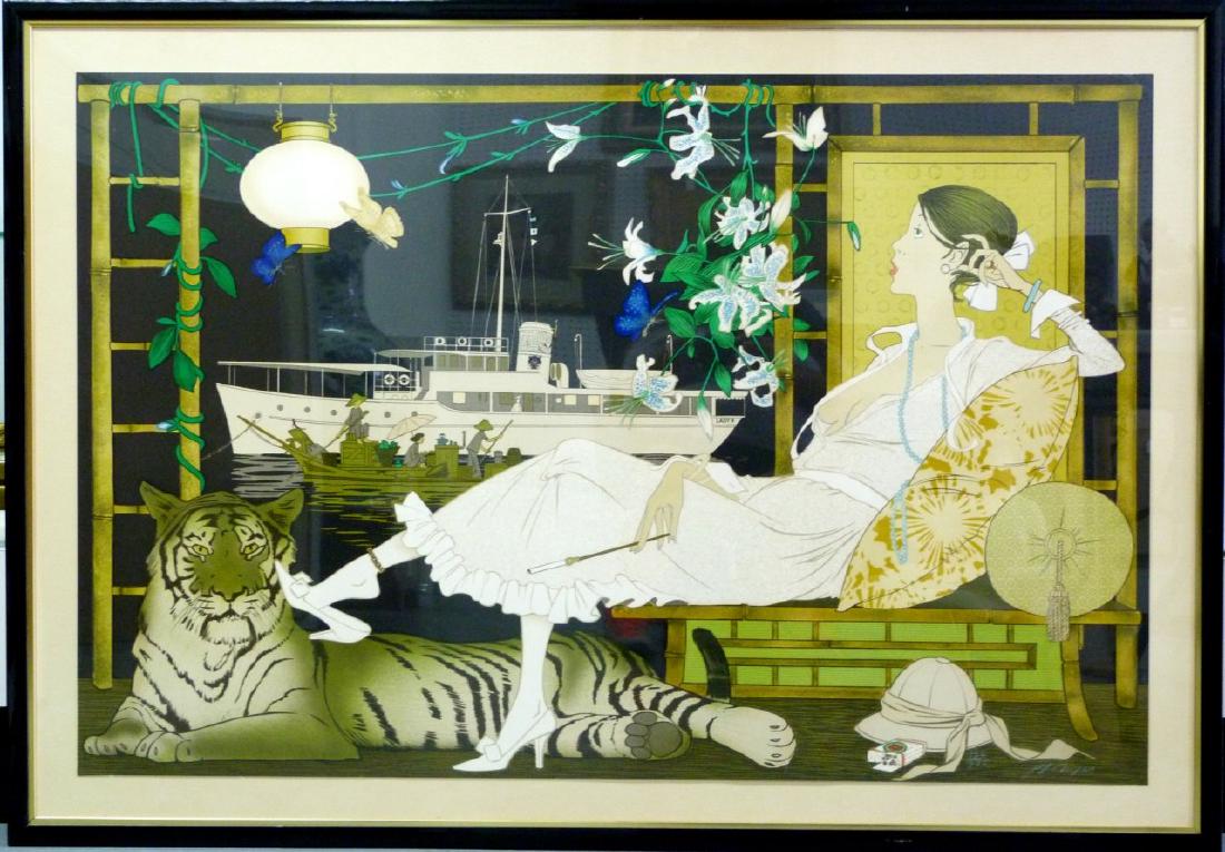 PHILIPPE HENRI NOYER 'LE BLANC YACHT' LITHOGRAPH: Philippe Henri Noyer (French, 1917-1985) lithograph titled 'Le Blanc Yacht'. Depicts a woman reclining with her pet tiger. Hand signed lower right and numbered 192/375. Measures 46 1/4" (117.4cm) x 30