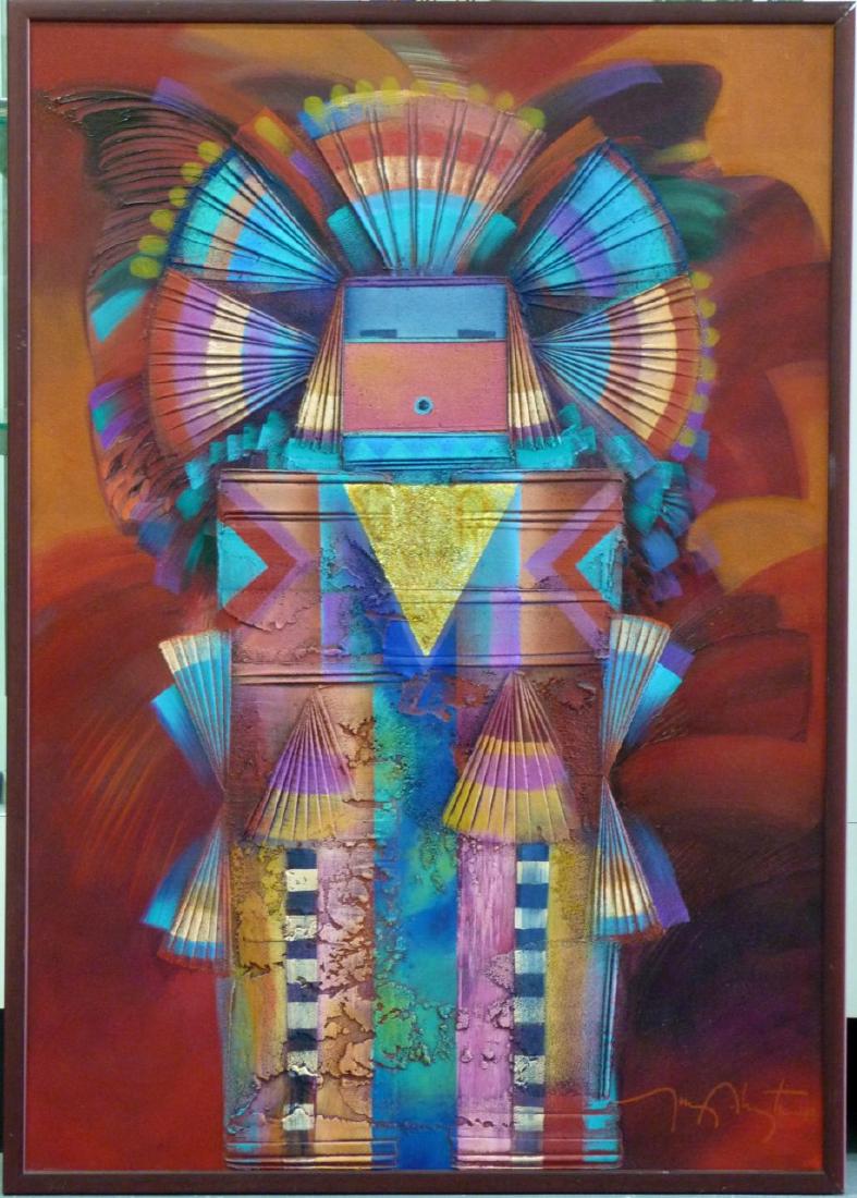 TONY ABEYTA MIXED MEDIA PAINTING ON CANVAS: Tony Abeyta (American, b. 1965) acrylic, sand and gold leaf on canvas depicting a deity. Signed lower right. Measures 39 1/2" (100.2cm) x 27 1/2" (69.8cm) + 3/4" (2cm) frame.