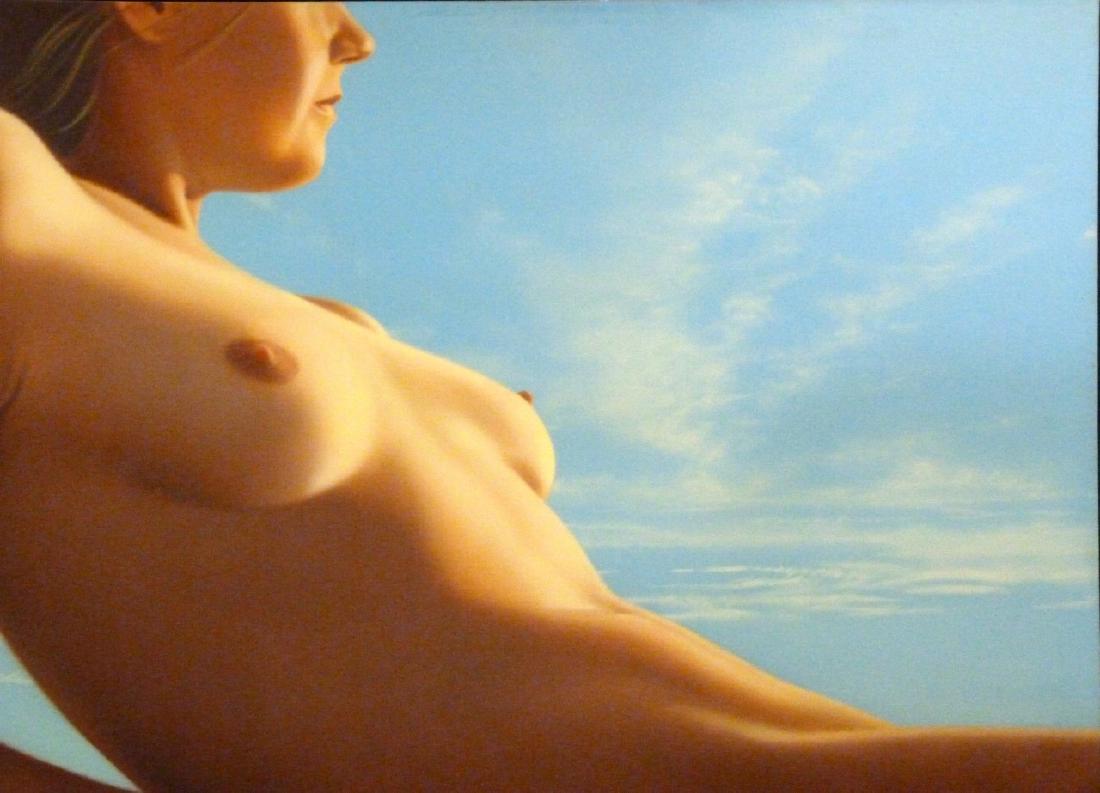 ED MELL 'ARHYTHIMIC' ACRYLIC ON CANVAS: Ed (Edmund) Paul Jr Mell (American, b. 1942) acrylic on canvas depicting a reclining nude woman. Signed to verso on canvas flap. Includes original label. Titled 'Arhythimic' [sic] and dated March 1975