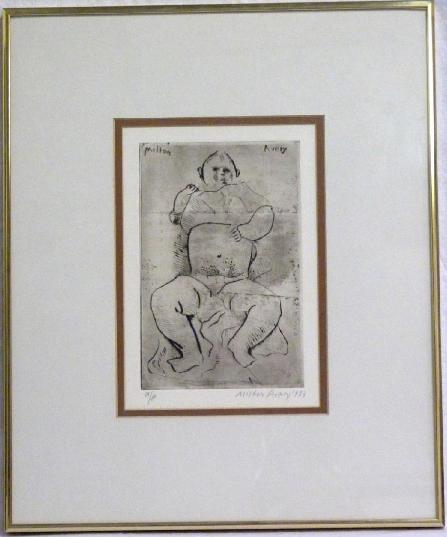MILTON AVERY 'BABY AVERY' DRYPOINT: Milton Clark Avery (American, 1885-1965) drypoint titled 'Baby Avery'. Pencil signed and dated 1933 lower right. Inscribed a/p lower left. Measures 10 1/8" (25.7cm) x 6 7/8" (17.5cm) + 4 1/4" (10.8cm)
