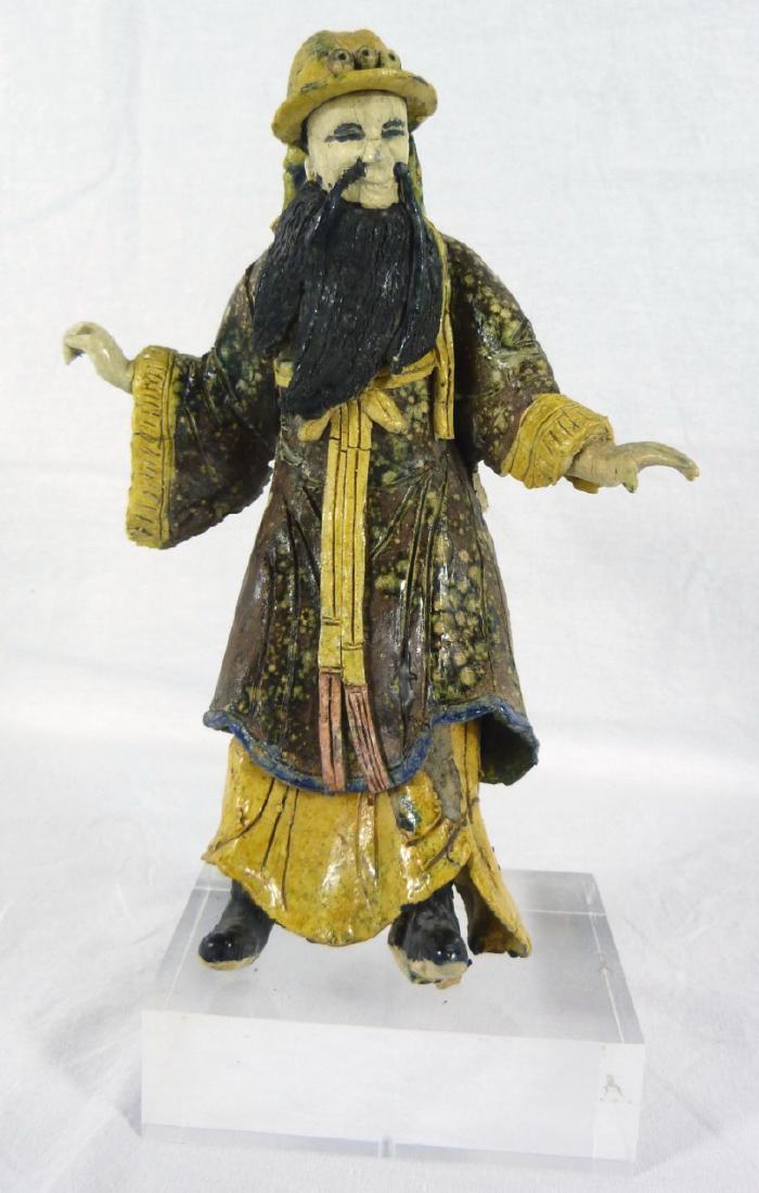 CHINESE ROOF TILE POTTERY FIGURE: Chinese roof tile pottery figure of a bearded man. Measures 9 3/4" (25cm) + 1 1/2" (3.7cm) lucite base.