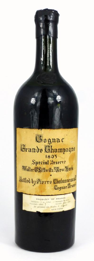 PIERRE CHABANNEAU 1893 COGNAC GRANDE CHAMPAGNE: Pierre Chabanneau & Co, France Cognac Grande Champagne 1893, Special Reserve. Distilled in 1893 and bottled in 1933. Measures 14 1/4" (36cm) height. Local pick up only for this item.