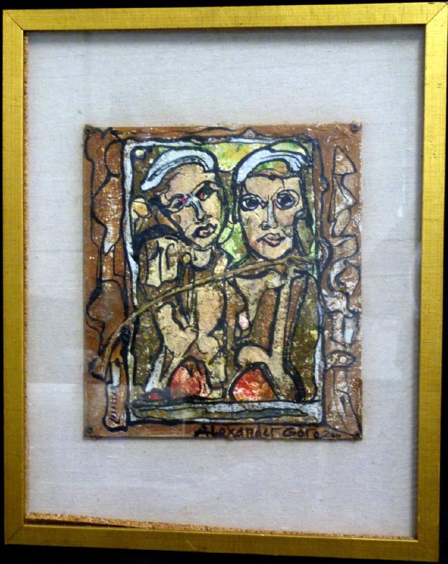 ALEXANDER GORE 'CONNECTED BY THE ROBE' OIL / BOARD: Alexander Gore oil painting on board with rope embellishment. Titled 'Connected by the Robe'. Signed lower right and dated 2011. Certificate of authenticity to verso. Measures 12 1/4" (31cm) x 11" (28