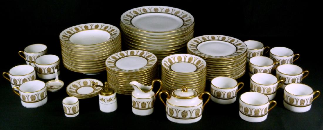 79pc RICHARD GINORI 'POMPEI' PORCELAIN DINNERWARE: 79 pices of Richard Ginory porcelain dinnerware in the 'Pompei Gold' pattern. Includes 12 dinner plates-10 1/4", 12 soup bowls-9", 12 fruit/dessert bowls-5 1/4", 12 salad plates-7 3/4", 12 teacups-4",