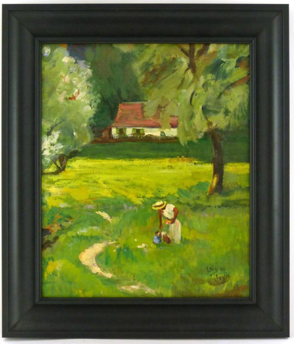 LOIS MAILOU JONES OIL PAINTING ON BOARD: Lois Mailou Jones (American, 1905-1998) oil painting on masonite depicting a house with figure in yard. Signed lower right. Titled 'Sunday Morning' to verso. Measures 16" (40.6cm) x 13" (33cm) + 2 1/2