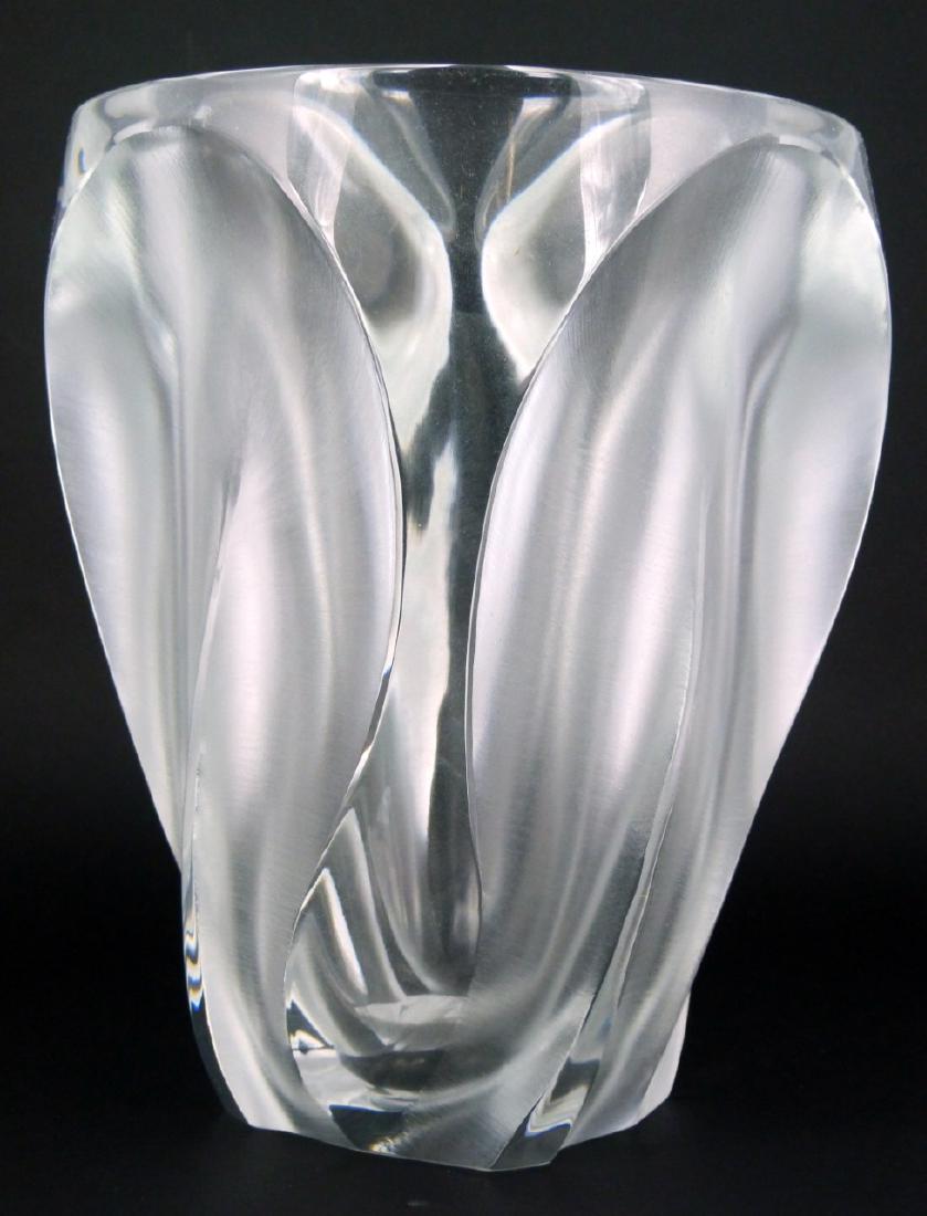 LALIQUE 'INGRID' FROSTED CRYSTAL VASE: Lalique crystal vase in the 'Ingrid' pattern having a swirled frosted leaf design. Marked to underside. Measures 10 1/4" (26cm) height x 8 1/2" (21.5cm) diameter.