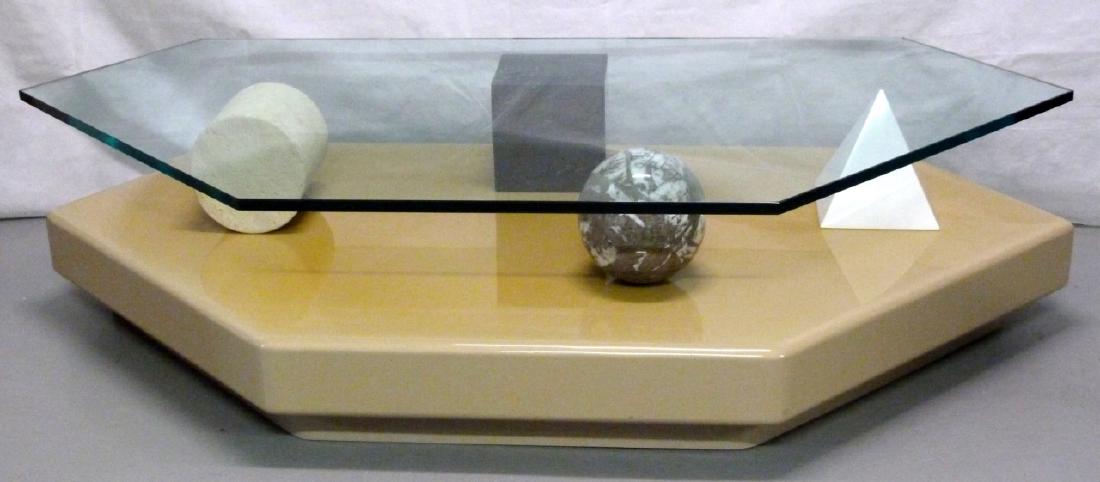 LELLA & MASSIMO VIGNELLI 'METAFORA' COFFEE TABLE: Lella & Massimo Vignelli Metafora Italian coffee table. Base comprised of four different geometric shapes in four different marbles (black, white, taupe and sand). Glass top of hexagonal form with cus