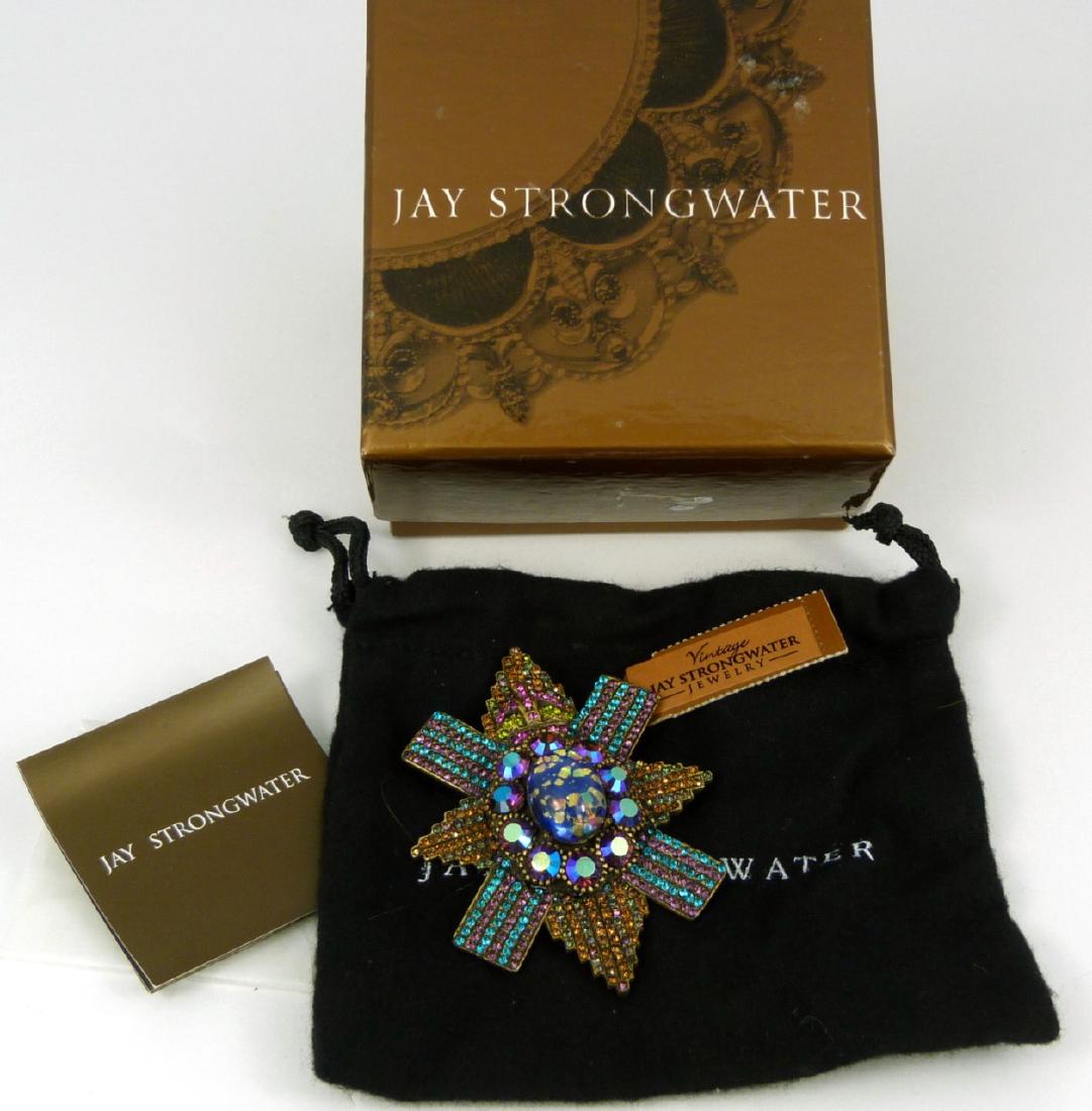 JAY STRONGWATER JEWELED BROOCH w BOX: Jay Strongwater vintage jeweled pin with original tag, bag and box. Marked to verso. Brooch measures 3" (7.6cm) length.