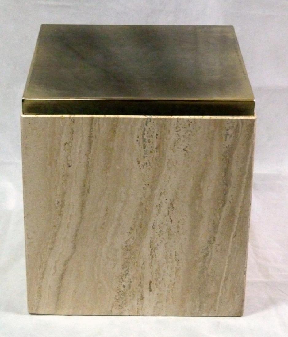 MODERN TRAVERTINE SIDE TABLE w BRASS TOP: Modern travertine / marble pedestal with brass top. Measures 14" (35.5cm) square x 15 1/2" (39.3cm) height.