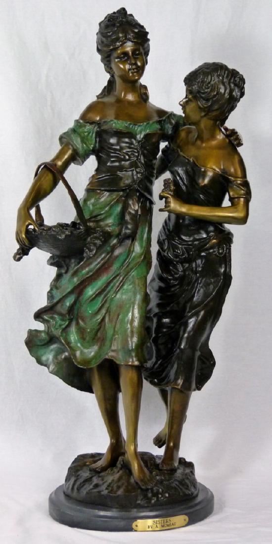 MOREAU 'SISTERS' BRONZE SCULPTURE: Bronze sculpture depicting two sisters after Auguste Moreau. Signed to bronze base. Measures 30" (76.2cm) height + 1 1/4" (3.1cm) marble base.