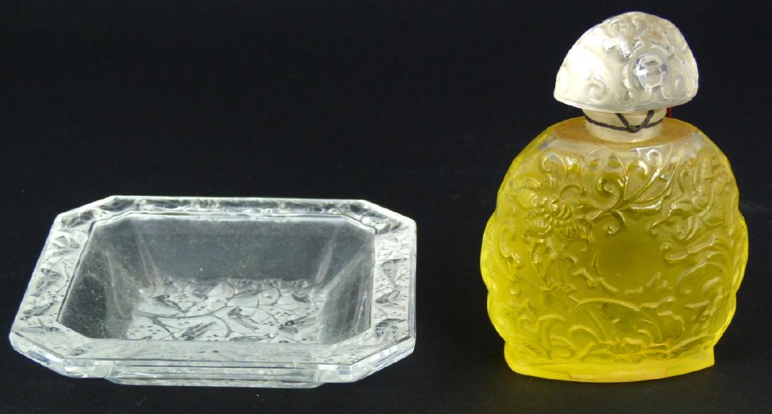 2pc LALIQUE CRYSTAL BORJOIS PERFUME & 'ANNA' TRAY: 2 pieces of lalique frosted crystal including Kobako Bourjois perfume bottle and 'Anna' tray with tree of life and bird decoration. Dish signed to underside. Perfumes appears to be signed under labels