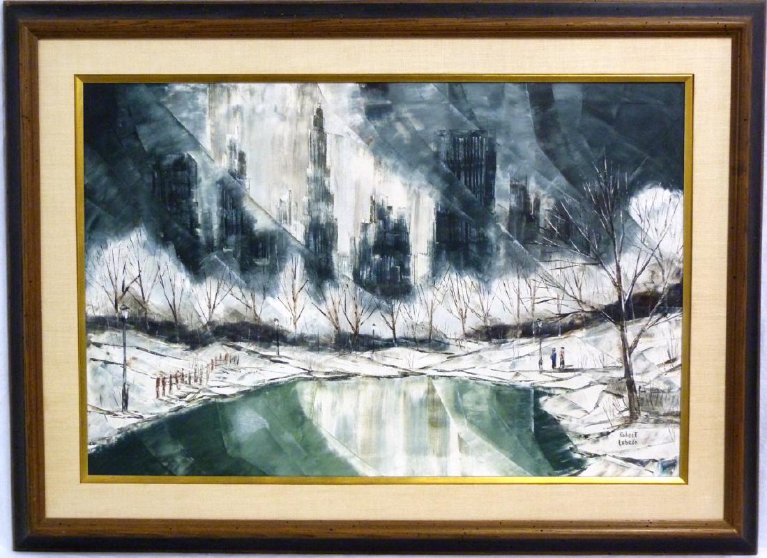 ROBERT LEBRON 'CENTRAL PARK' OIL PAINTING / CANVAS: Robert Lebron (American, 1928-2013) oil painting on canvas depicting Central Park with a view of the New York City skyline. Signed lower right. Measures 35 1/2" (90cm) x 23 1/2" (59.5cm) + 5" (12.7cm)
