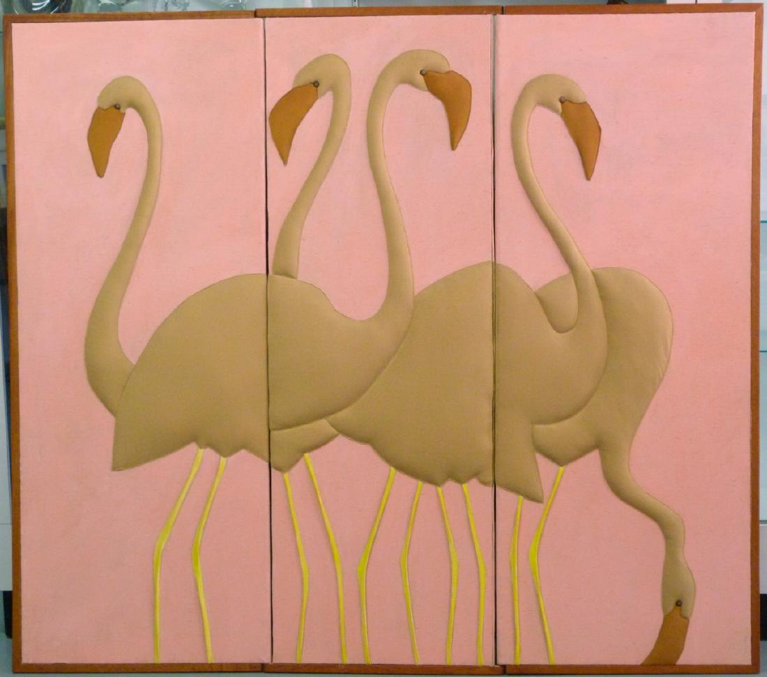 RON FRITTS 3-PANEL BIRD SCREEN: Ron Fritts (American, 20th C) fabric assemblage screen with wood frame. Depicts flamingos. Measures 72" (185.5cm) width x 63" (160cm) height.