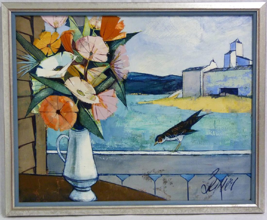 CHARLES LEVIER 'LE FLEURS' OIL PAINTING ON CANVAS: Charles Levier (French/American, 1920-2003) oil painting on canvas depicting a bird and flowers. Signed lower right. Signed again and titled to verso. Measures 29 1/2" (74.8cm) x 23 1/2" (59.6cm) + 1 