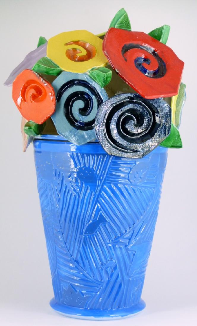 ROBERT BEAU KVENILD CERAMIC BOUQUET SCULPTURE: Robert 'Beau' Kvenild (American) contemporary ceramic sculpture in the form of a flower pot. Multi-color flowers in a blue vase. Signed to underside. Measures 20" (50.8cm) height.