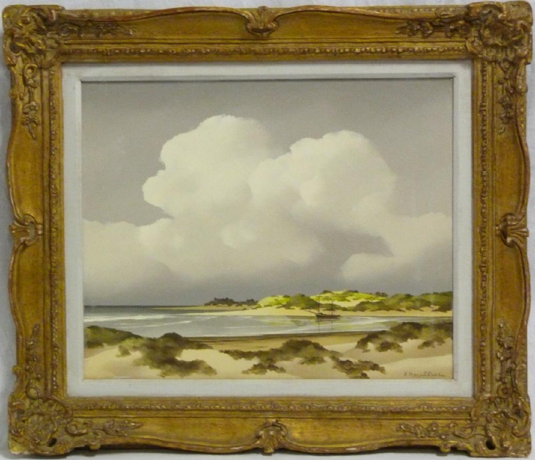 ANDRE HOULLIER OIL PAINTING ON CANVAS: Andre Houllier (French, b. 1909) oil painting on canvas depicting a coastal landscape. Signed lower right. Measures 21" (53.3cm) x 17" (43.2cm) + 3 3/4" (9.5cm) frame.