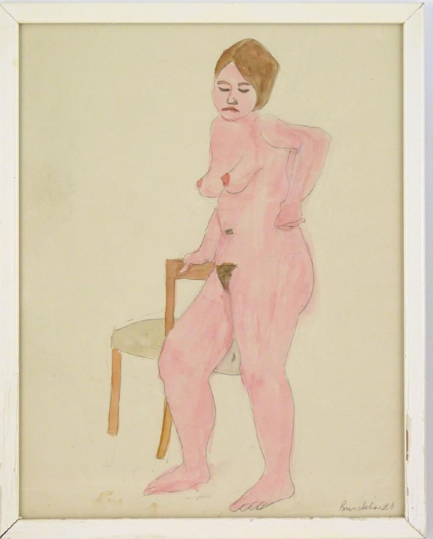 RUDY BURCKHARDT 'NUDE' WATERCOLOR ON PAPER: Rudy Burckhardt (Swiss/American, 1914-1999) watercolor and pencil on paper depicting a nude female standing with chair. Signed lower right. Documentation to verso. Measures 12 3/8" (31.5cm) x 9 5/8" (