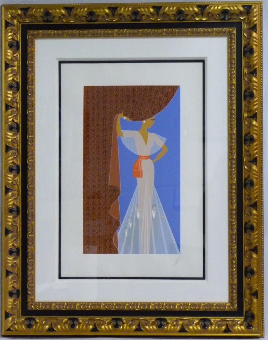 ERTE 'THE CURTAIN' SERIGRAPH: Romain De Tirtoff Erte (Russian. 1892-1990) serigraph titled 'The Curtain'. Pencil signed lower right and numbered 77/300 lower left. Blindstamp lower left. Measures 25 1/2" (64.8cm) x 16 1/2" (41.8cm