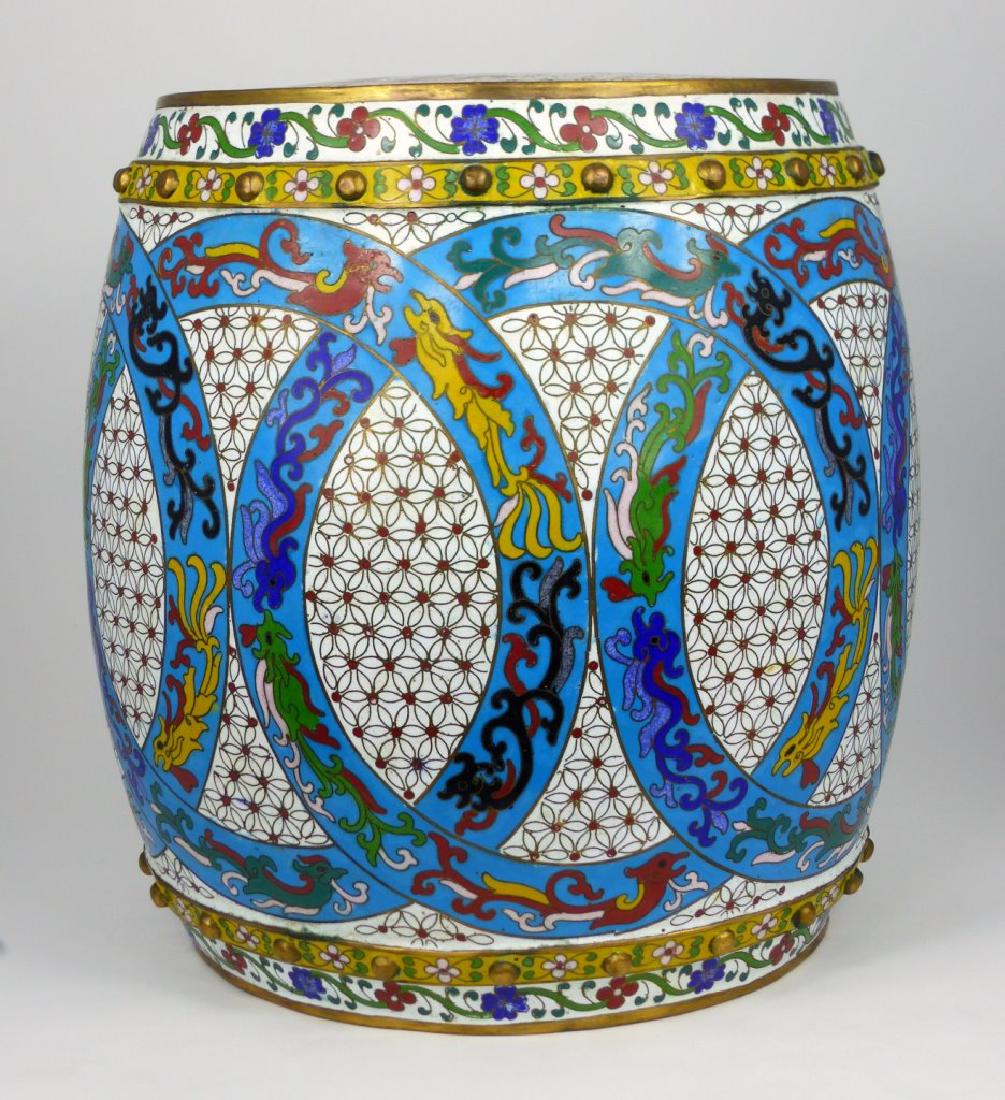 CHINESE CLOISONNE STOOL w DRAGON & PHOENIX: Chinese cloisonne stool with dragon and phoenix decoration. Measures 12 1/2" (31.7cm) height.