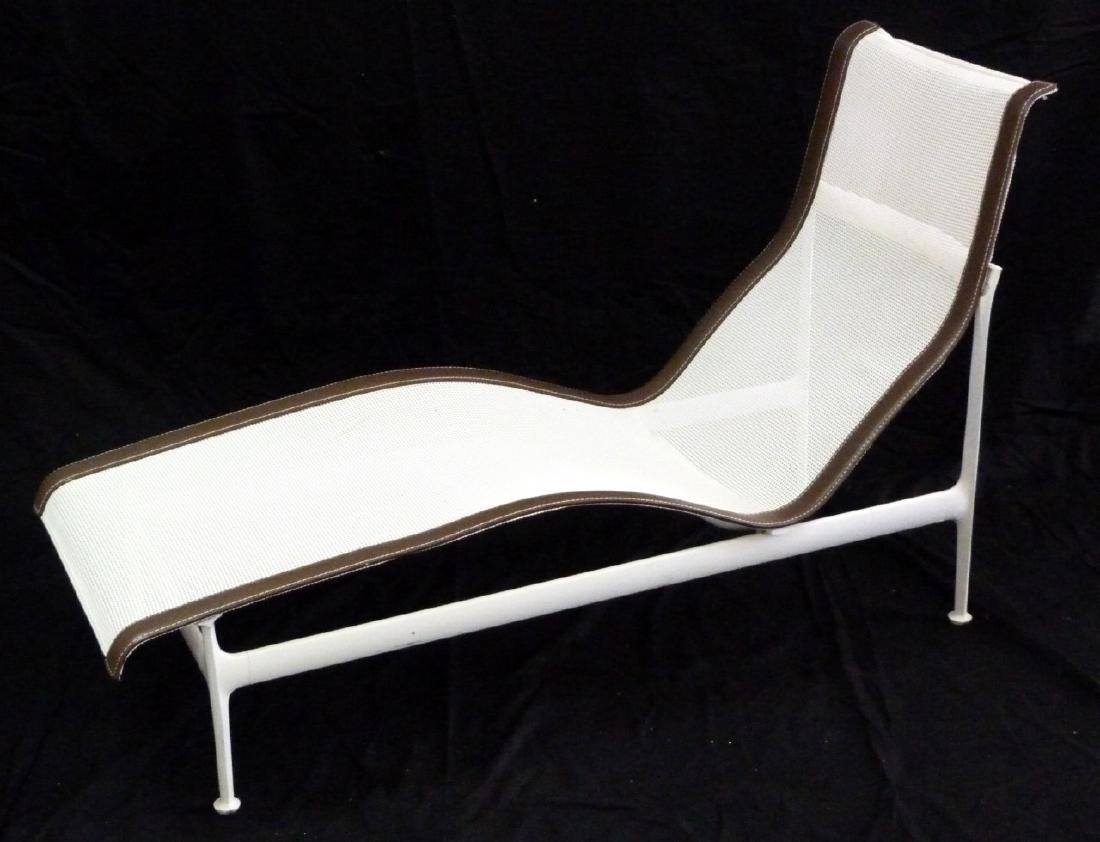 2pc RICHARD SCHULTZ FOR KNOLL CHAISE LOUNGES: 2 Richard Schultz chaise lounge chairs by Knoll. Each having white mesh and brown vinyl trim on a cast aluminum frame. Each holds original label. Each measures 58" (147cm) length x 34" (86cm) height x