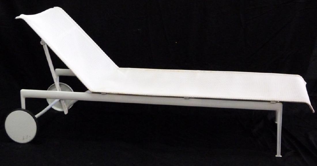 RICHARD SCHULTZ FOR KNOLL ADJUSTABLE CHAISE LOUNGE: Richard Schultz adjustable chaise lounge chair by Knoll having white mesh and brown vinyl trim on a cast aluminum frame. Measures 76" (193cm) length x 25" (63.5cm) width x 36" (91.5cm) height. Seat he