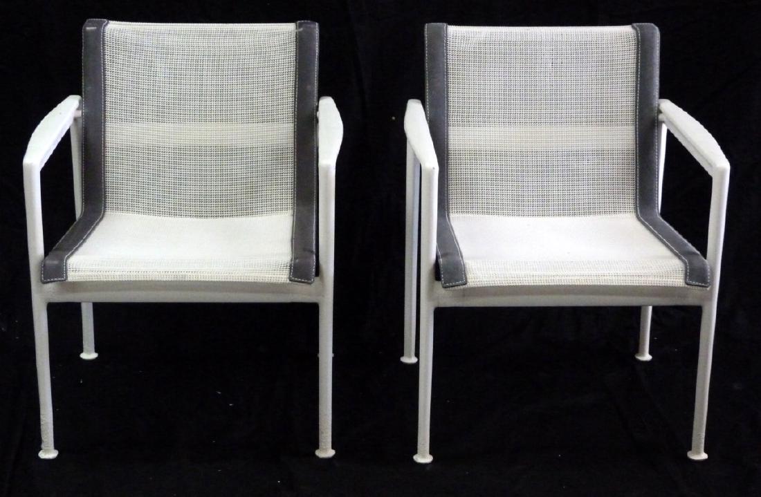2pc RICHARD SCHULTZ FOR KNOLL DINING ARM CHAIRS: 4 Richard Schultz dining arm chairs by Knoll. Each having white mesh and vinyl trim on a cast aluminum frame. Each measures 30" (76cm) height x 24" (61cm) depth x 23 1/4" (59cm) width.
