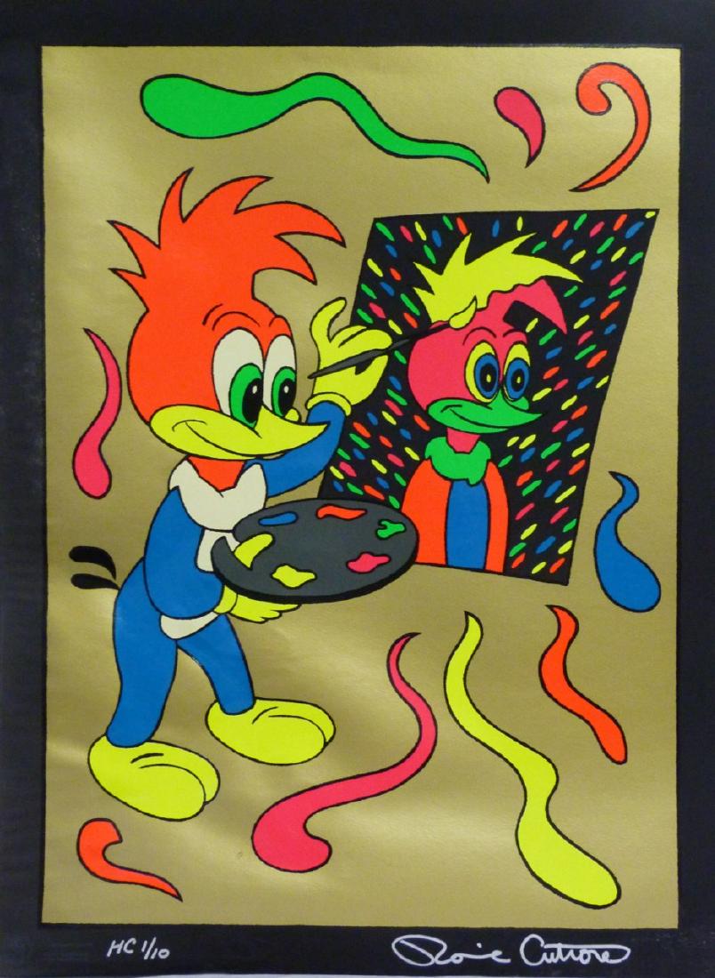 RONNIE CUTRONE 'PUTTING YOUR FACE ON' SILKSCREEN: Ronnie Cutrone (American, 1948-2013) silkscreen depicting Woody Woodpecker painting a self-portrait. Titled 'Putting Your Face On'. Hand signed lower right and numbered HC 1/10 lower left with Publish