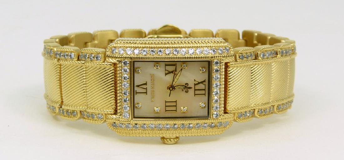 JUDITH RIPKA LADY'S TANK WATCH w BOX & PAPERS: Judith Ripka yellow tone women's tank watch with box and papers. Face of watch measures 1 1/4" (3cm) length.