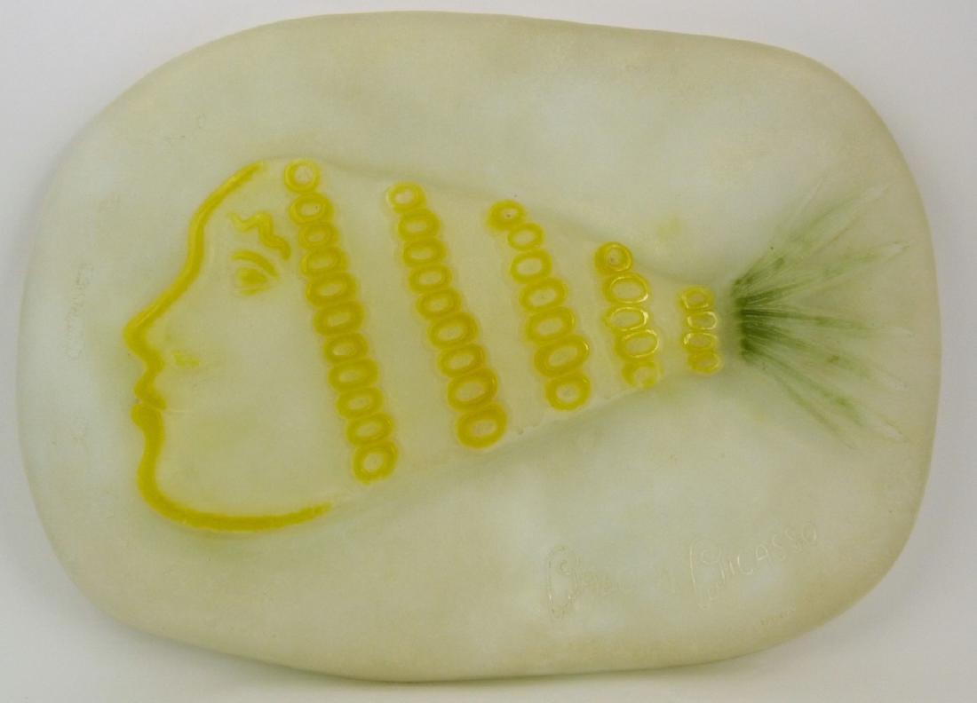 PALOMA PICASSO FOR DAUM PATE DE VERRE GLASS: Paloma Picasso for Daum pate-de-verre glass plaque in relief. Titled 'Femme Ananas' or Pineapple Girl. Signed lower right Paloma Picasso, Daum. Measures 17 1/2" (44.5cm) x 12 1/2" (31cm).