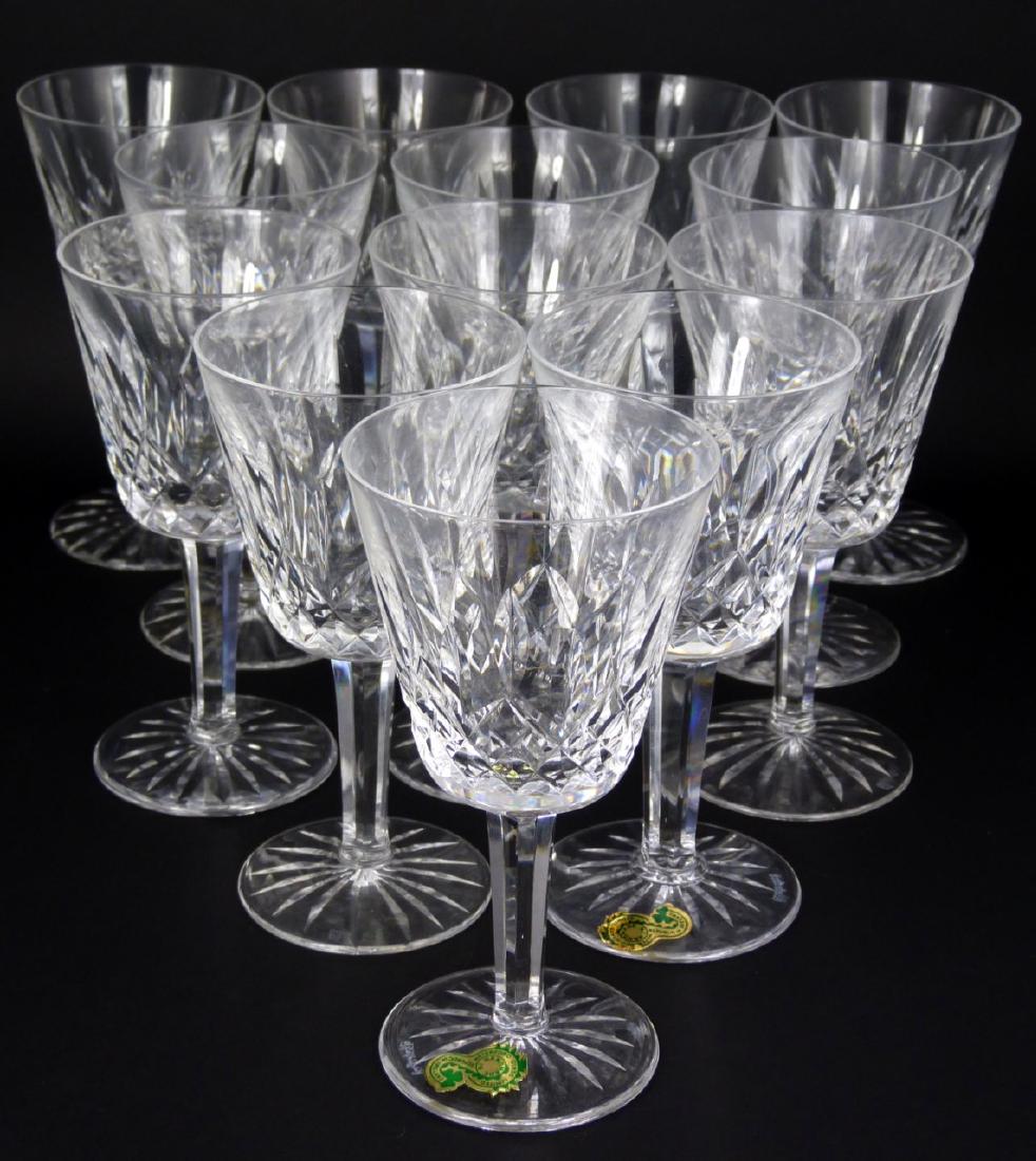 13pc WATERFORD LISMORE CRYSTAL CLARET WINE GOBLETS: 13 Waterford cut crystal claret wine glasses in the 'Lismore' pattern. Each marked to underside and measures 5 7/8" (15cm) height.