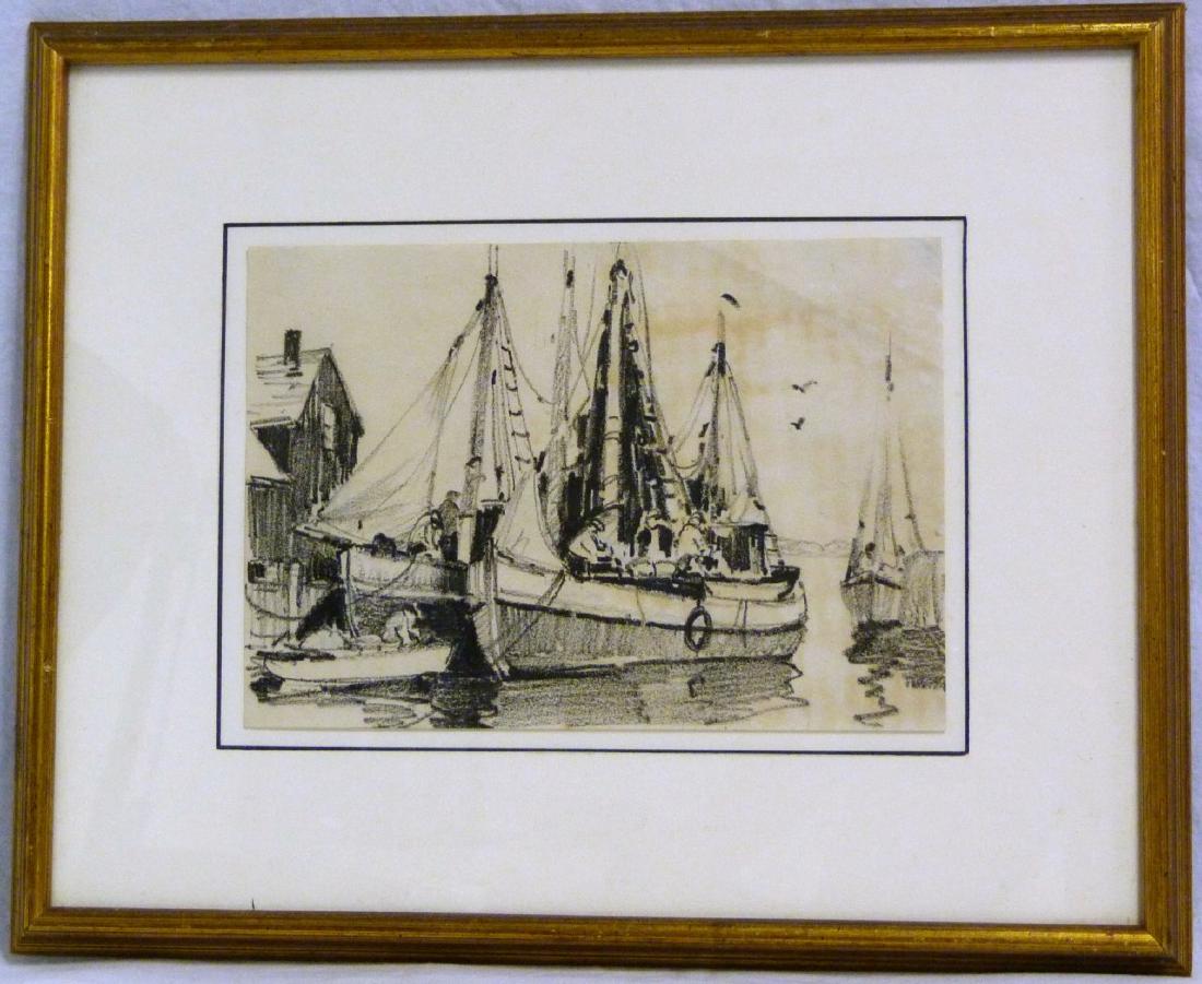 ANTHONY THIEME PENCIL DRAWING PAPER: Anthony Thieme (American, 1888-1954) pencil drawing on paper depicting boats at a dock. Drawn on Anthony Thieme Studio stationary. Measures 10 1/2" (26.5cm) x 7 1/4" (18.4cm) + 3 1/2" (8.8cm) mat & fr
