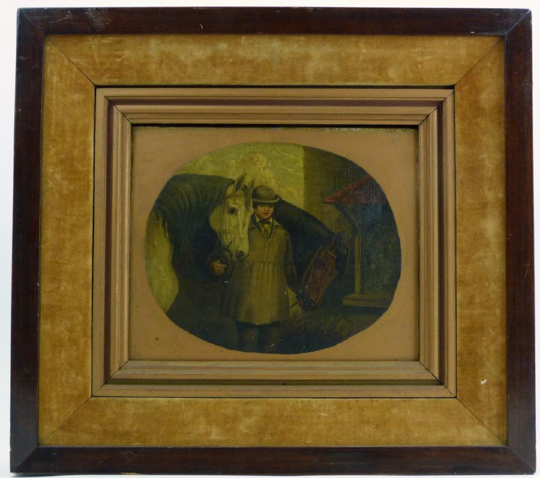 HENRY ALKEN OIL PAINTING ON BOARD: Oil painting on board depicting a gentleman with two horses attributed to Henry Alken. Faded label to verso having faded letters reading By H. Alken. Measures 8 1/2" (21/5cm) x 7" (17.8cm) + 3" (7.5cm