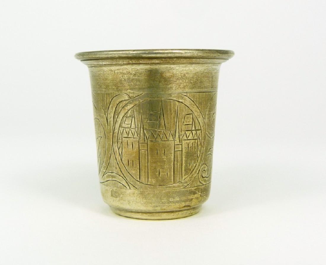 RUSSIAN 84 SILVER KIDDUSH CUP: Russian silver kiddush cup. Marked to underside 84, with lion, double eagle and illegible maker's mark. Measures 1 7/8" (4.8cm) height. Total weight 1.2ozt (37.8g).