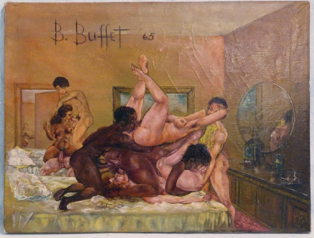 EROTIC OIL PAINTING ON CANVAS SIGNED: Oil painting on canvas depicting an interracial orgy. Signed B. Buffet upper left and dated 1965. Measures 24" (61cm) x 18" (45.7cm).