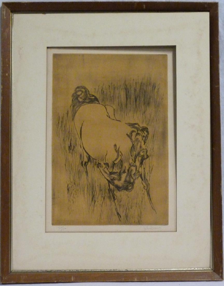 LEBADANG 'GRAZING HORSE' ETCHING: Hoi Lebadang (Vietnamese, 1922-2015) etching depicting a grazing horse. Pencil signed lower right and numbered 30/50 lower left. Measures 18 3/4" (47.4cm) x 13" (33cm) + 4 1/2" (11.3cm) mat & frame.