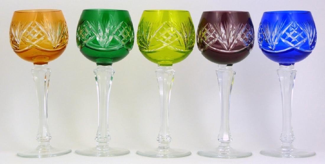 5pc BOHEMIAN CUT TO CLEAR CRYSTAL GOBLETS: Five Bohemian / Czech cut to clear wine glasses in cobalt, amber, emerald, amethyst and chartreuse. Each measures 8" (20.3cm) height.