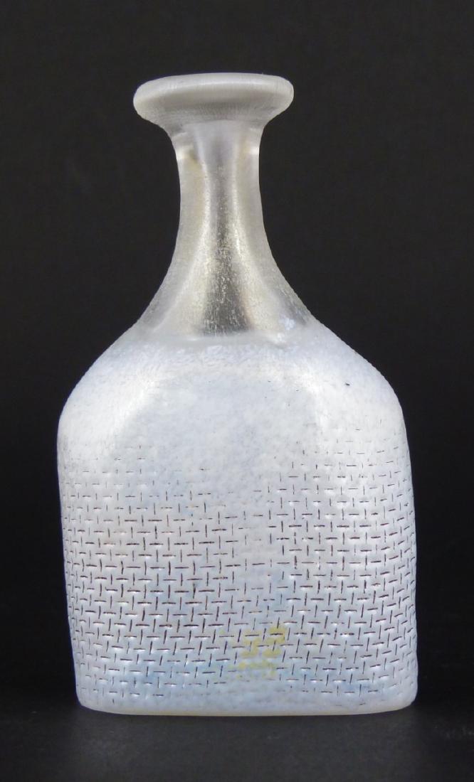 BERTIL VALLIEN FOR KOSTA BODA FROSTED GLASS VASE: Bertil Vallien for Kosta Boda frosted art glass vase with lattice pattern. Signed and numbered to underside. Measures 3 3/4" (9.5cm) height.