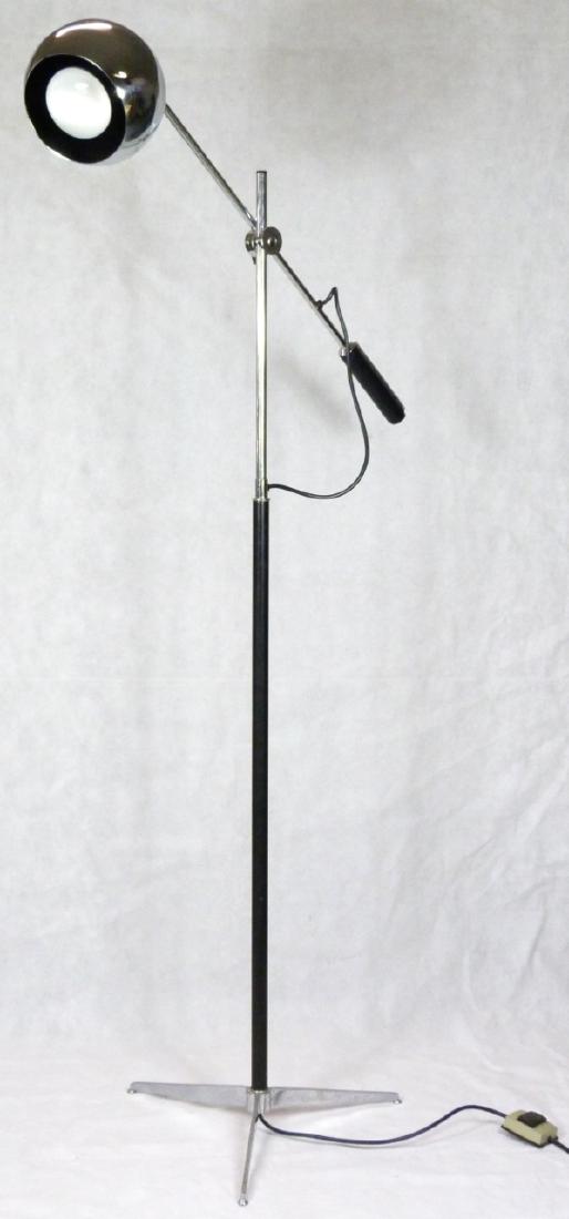 ROBERT SONNEMAN ORBITER FLOOR LAMP: Robert Sonneman mid-century modern chromed light on an adjustable metal arm with leather wrapped handle on cylindrical base with tripod foot. Measures 64 1/2" height (163.9cm) x 29" (73.6cm) width in
