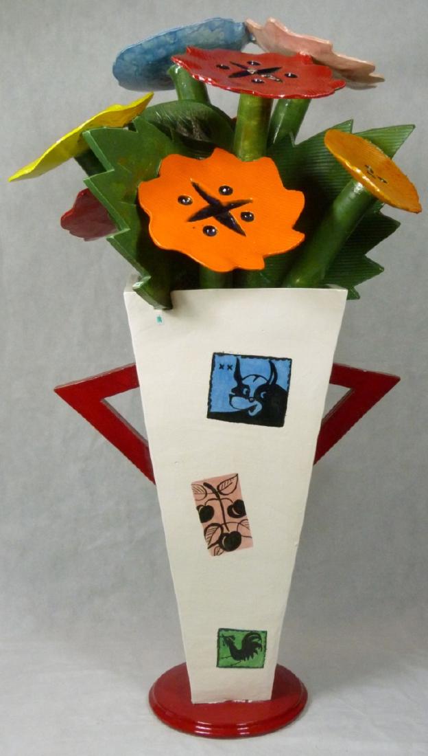 BEAU KVENILD CERAMIC FLOOR VASE WITH FLOWERS: Robert 'Beau' Kvenild (American) contemporary ceramic sculpture in the form of a white floor vase having decorative depictions with flowers and leaves. Signed to side near base. Measures approx 53" (1