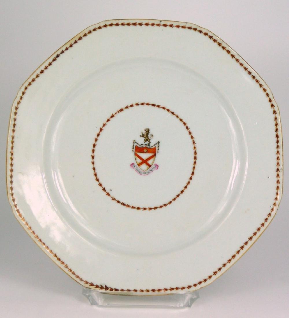 CHINESE EXPORT PORCELAIN ARMORIAL PLATE: Chinese export porcelain armorial plate of octagonal form. 'FAC BENE NE DUBITAS'. Measures 9 1/4" (23.5cm) width.