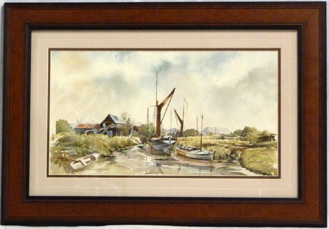 PETER BURKE WATERCOLOR ON PAPER: Peter J. Burke (British, b. 1944) watercolor on paper depicting boats in creek. Signed lower left. Measures 18" (45.7cm) x 10" (25.4cm) + 4" (10.1cm) mat & frame.