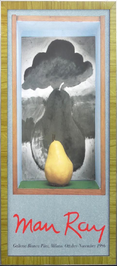 MAN RAY GALLERIA BIANCA PILAT EXHIBITION POSTER: Man Ray 'Yellow Pear' exhibition poster from Galleria Bianca Pilat, Milano, 1986. Measures 31 1/4" (79.3cm) x 16 3/4" (42.5cm) + 1 1/4" (3cm) frame.