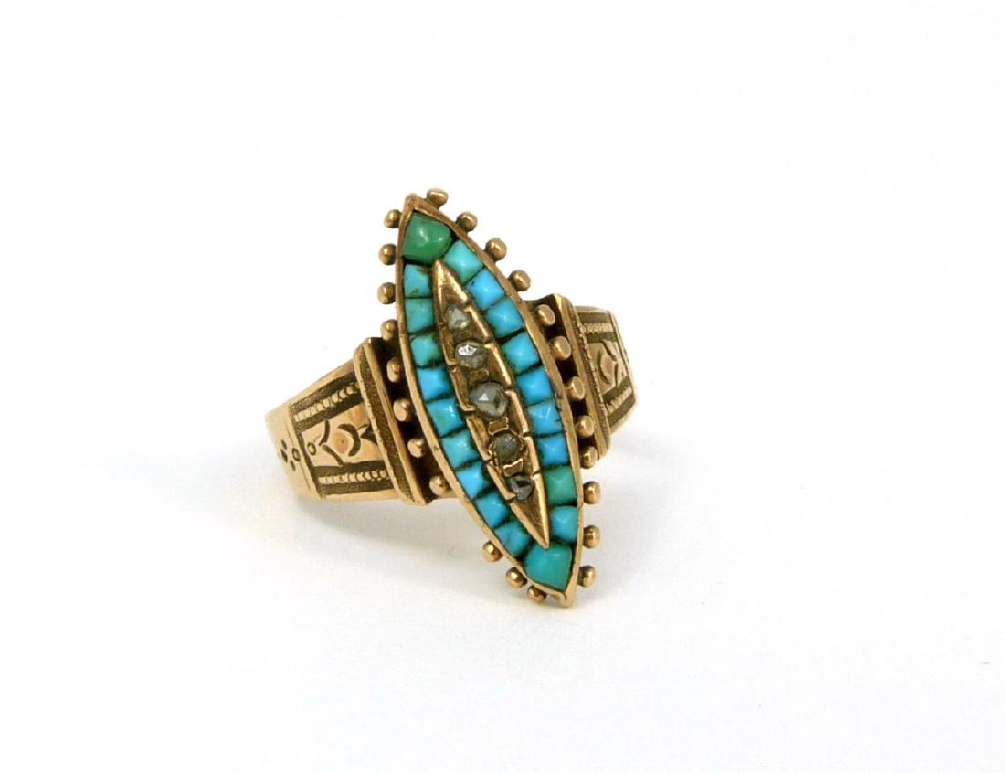 14kt ROSE GOLD TURQUOISE MARCASITE RING: 14kt rose gold ring with turquoise and marasite. Marked 14. Ring size 4.