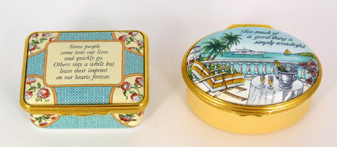 2pc HALCYON DAYS ENAMELED TRINKET BOXES: 2 Halcyon Days Enamels porcelain trinket boxes. Each marked to underside and includes original box. Oval box measures 2" (5.1cm) length.