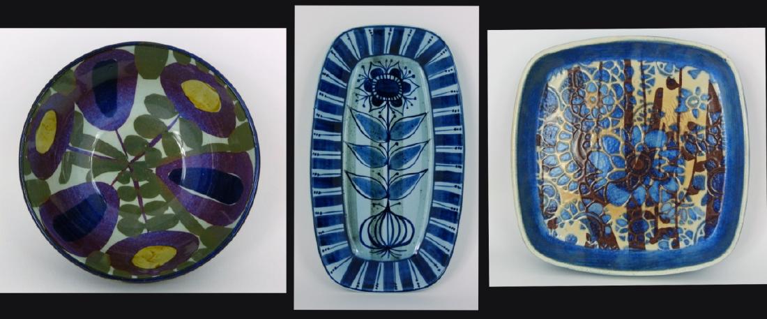 3pc ROYAL COPENHAGEN FAIENCE BOWLS & TRAY: 3 pieces of Royal Copenhagen Fajance. Each marked, numbered and artist signed to underside. Includes Johan Gerber Baca square dish-6 5/8", Kari Christensen Tenera round bowl-4 1/4" and Beth Breyen rec