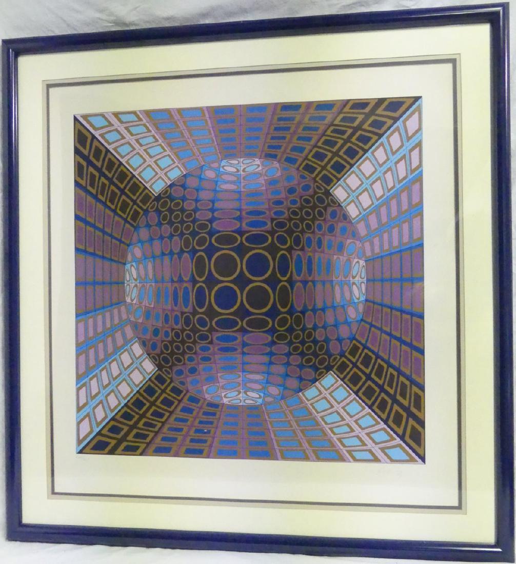 VICTOR VASARELY OPTICAL ART SERIGRAPH: Victor Vasarely (French/Hungarian, 1906-1997) optical art serigraph. Pencil signed lower right and numbered 134/250 lower left. Measures 29 1/2" (74.8cm) x 28" (71cm) + 3 1/2" (8.8cm) mat & frame.