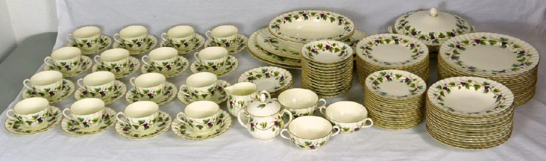 120pc ROYAL WORCESTER 'BACCHANAL' DINNERWARE: 120 pieces of Royal Worcester porcelain dinnerware in the 'Bacchanal' pattern decorated with grapes and vines with gold trim. Includes 16 dinner plates-10 1/4", 16 salad plates-8", 14 soup bowls-8", 1