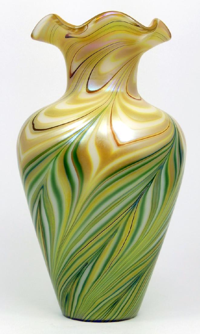 LUNDBERG STUDIOS IRIDESCENT ART GLASS VASE: Steven & Justin Lundberg Glass Art vase, iridescent gold and green with ruffled rim. Signed to underside and dated 2006. Measures 8 1/4" (21cm) height.